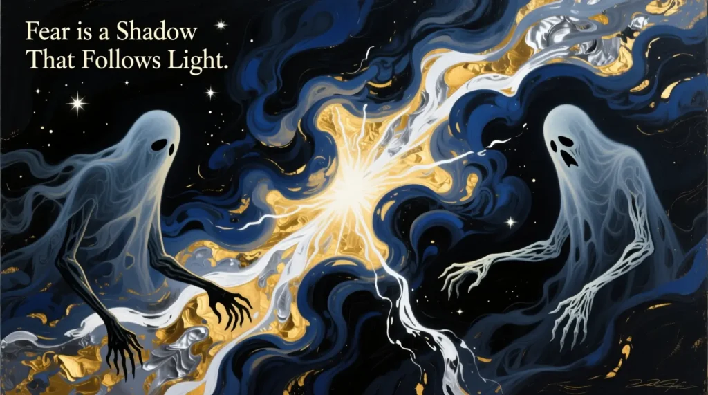 Symbolic representation of similes for scary in abstract art, blending light, shadow, and ethereal forms.