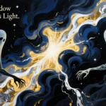 Symbolic representation of similes for scary in abstract art, blending light, shadow, and ethereal forms.