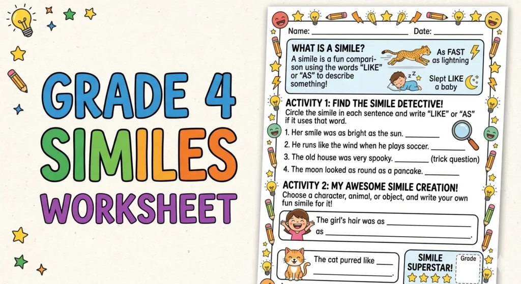 similes worksheet for grade 4 with answers